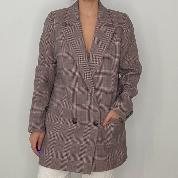 GANNI Hewitt Double-Breasted Pink Plaid Blazer S - Picture 1 of 9